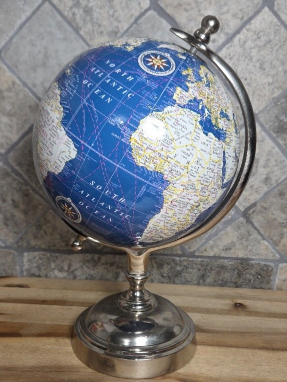 Blue World Globe Silver Tone Metal Stand Decorative Desk Library Globe 11”